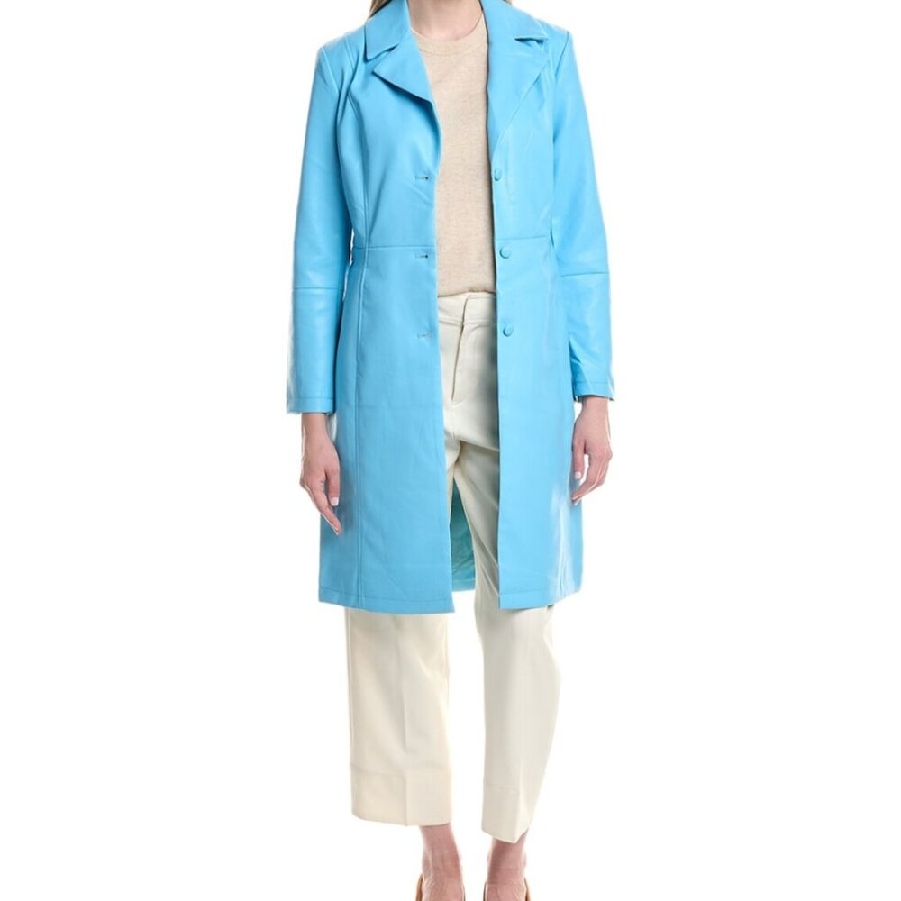 BADGLEY MISCHKA OCEAN SEA BLUE VEGAN LEATHER TRENCH COAT W/ Tie Waist  NWT SZ L